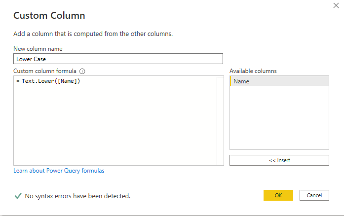 Text.Lower Power query function